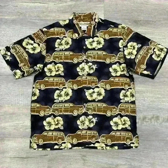 HONOLULU LULU 100% Silk Hawaiian Woody Wagon Button Up Short Sleeve Shirt Mens L - Picture 1 of 12
